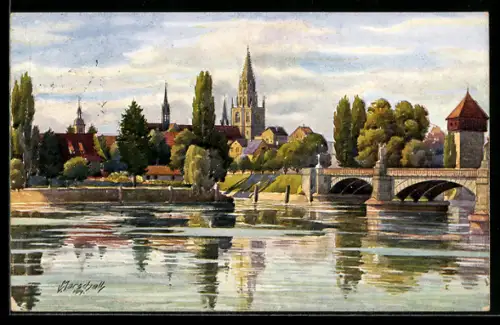 Künstler-AK V.Marschall: Konstanz, Rheinbrücke, Rheintorturm und Münster