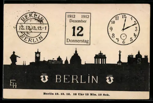 AK Berlin, Poststempel-Zeichen mit Datum 12.12.12, Uhr, Kalenderblatt über Stadt-Silhouette
