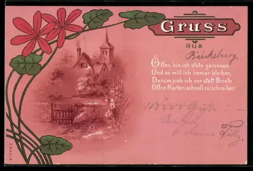 AK Haus in der Idylle, Veilchen als Rahmen, Jugendstil um 1900