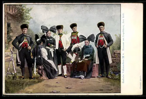 AK Badische Volkstrachten, Hanauer aus Legelshurst, Amt Kehl, Paare in Trachtenkleidung