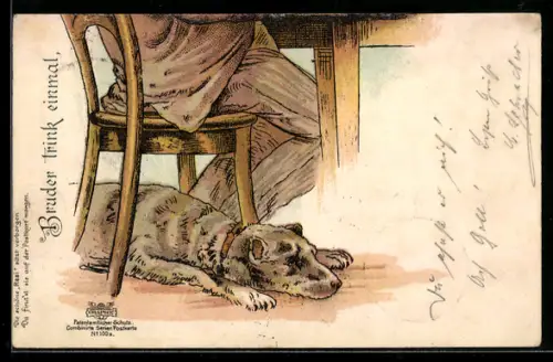 Lithographie Liegender Hund unter dem Stuhl des Herrchens im WEirtshaus