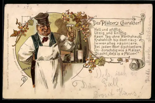 AK Des Pfälzers Charakter, Kellermeister bei der Weinprobe, Gedicht