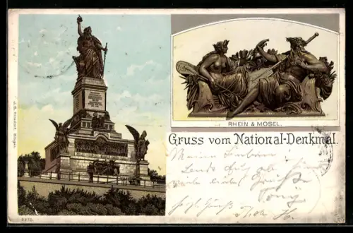 Lithographie Niederwald, National-Denkmal und Rhein & Mosel