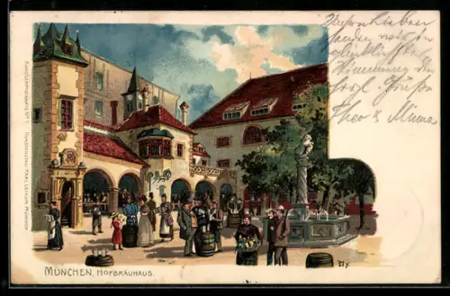 Lithographie München, Gäste vor dem Münchner Hofbräuhaus