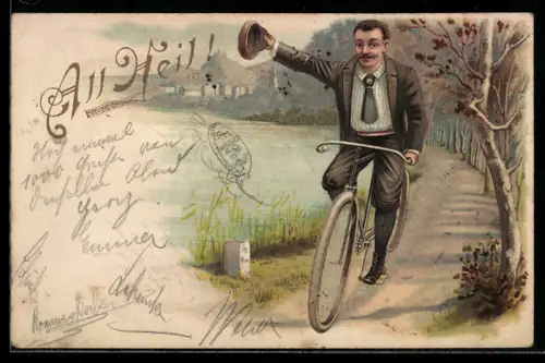 Lithographie Mann auf Fahrrad grüss All Heil!