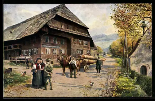 Künstler-AK H. Hoffmann: Gasthaus zum Himmelreich (Eingang ins Höllental) mit Wanderern und Kutsche