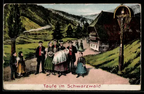 Künstler-AK Schwarzwald, Taufe, Menschen in Schwarzwälder Tracht