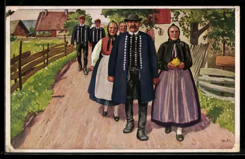 AK Schwäbische Volkstrachten, Kirchgänger im Schwarzwald