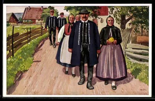 AK Schwäbische Volkstrachten, Kirchgänger im Schwarzwald