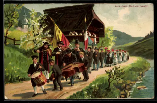 AK Schwarzwald, Musikanten und weitere Menschen in Schwarzwälder Tracht