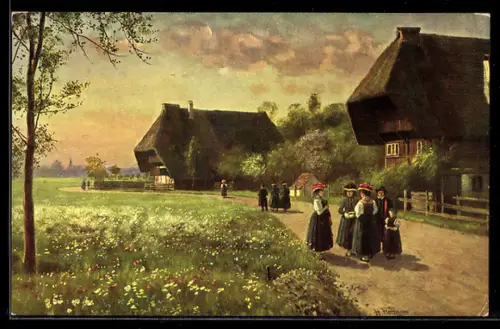 Künstler-AK H. Hoffmann: Sonntag-Morgen, Leute in Sonntagstracht