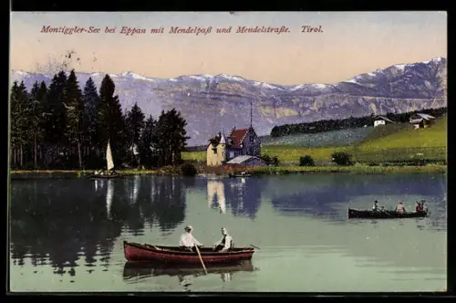 AK Eppan, Montiggler-See mit Mendelpass und Mendelstrasse