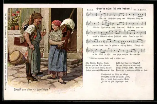 AK Erzgebirge, Lied Nr.16, Dort'n uhm sei mir drham, Frau mit Klöppelmaschine