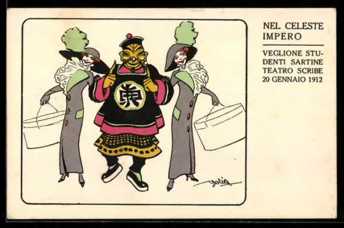 AK Turin, Nel Celeste Impero, Veglione studenti sartine teatro scribe 1912