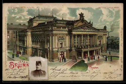 Lithographie Brünn / Brno, Ansicht vom Stadttheater, Mondschein und Innenbeleuchtung, Halt gegen das Licht