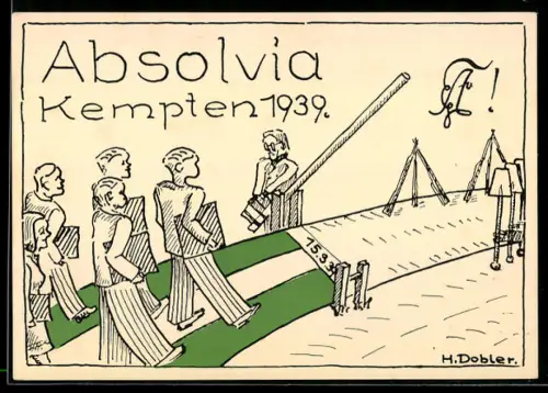 Künstler-AK sign. H. Dobler: Kempten, Absolvia im Jahr 1939, Schüler gehen über die Ziellinie