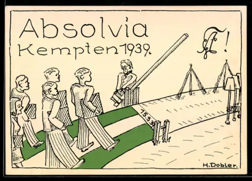 Künstler-AK sign. H. Dobler: Kempten, Absolvia im Jahr 1939, Schüler gehen über die Ziellinie