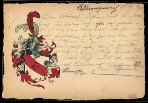 AK Studentenwappen mit Zirkel und geschmücktem Helm, weiss-rot-weisse Farben