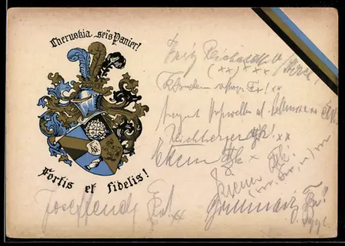 AK Studentenwappen der Verbindung Cheruskia, blau-gold-schwarze Farben, Fortis et fidelis