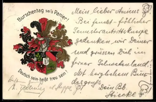 AK Studentenwappen, Burschentag sei`s Panier und Deutsch sein heisst treu sein!