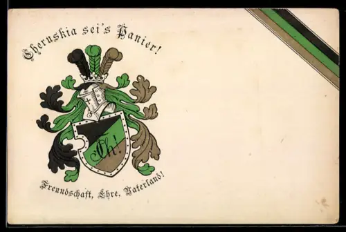 AK Studentenwappen der Verbindung Cheruskia, schwarz-grün-goldene Farben, Freundschaft, Ehre, Vaterland