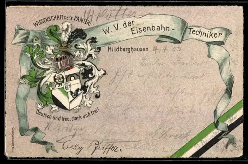 AK Hildburghausen, Studentenwappen Wissenschaftlicher Verein der Eisenbahn-Techniker, geschmückter Helm und Zirkel