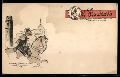 Künstler-AK Torino, Il Fischietto, Giornale Politico Satirico Illustrato, Monumenti del 1900, Piazza S. Giovanni