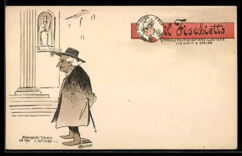 Künstler-AK Torino, Il Fischietto, Giornale Politico Satirico Illustrato, Monumenti del 1900, S. Massimo