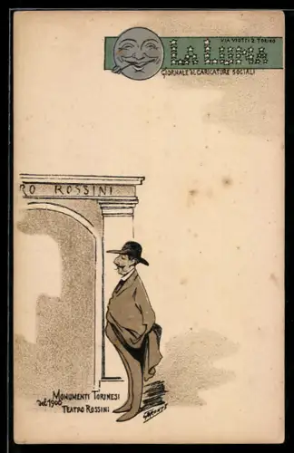 Künstler-AK Torino, La Luna, Giornale di Caricature Sociali, Monumenti Torinesi del 1900, Teatro Rossini