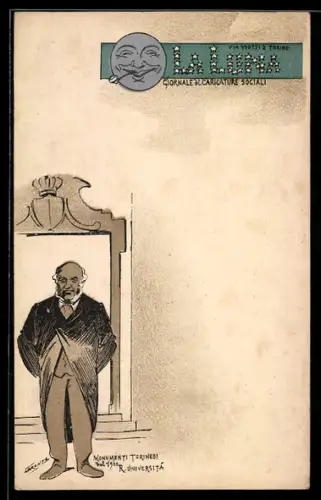 Künstler-AK Torino, La Luna, Giornale di Caricature Sociali, Monumenti Torinesi del 1900, R. Universitá