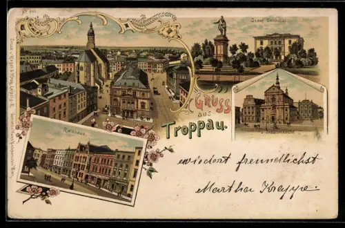 Lithographie Troppau, Jesuitenkirche, Josof-Denkmal, Rathaus