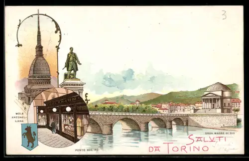 Lithographie Torino, Ponte sul Po, Mole Antonelliana