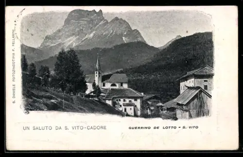 AK S. Vito-Cadore, Vista del paese con chiesa e montagne sullo sfondo