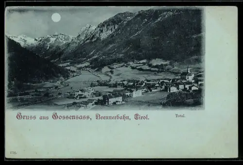 Mondschein-AK Gossensass /Brennerbahn, Tirol, vista panoramica del villaggio e montagne innevate al chiaro di luna