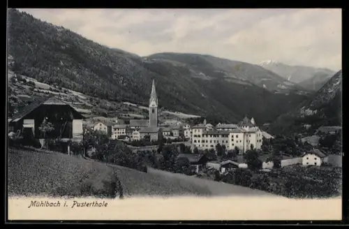 AK Mühlbach i. Pustertale, Vista panoramica con chiesa e montagne sullo sfondo