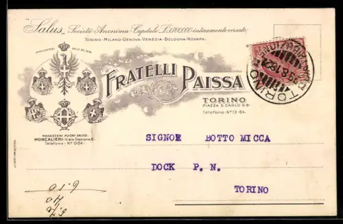 AK Torino, Cartolina commerciale Fratelli Paissa con stemmi e timbro postale del 1918