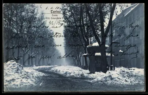AK Torino, Corso Vittorio Emanuele II innevato con alberi e edifici in inverno