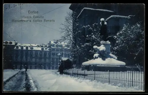 AK Torino, Piazza Castello, Monumento a Galileo Ferraris im Schnee