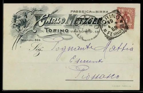 AK Torino, Fabbrica di Birra Carlo Metzger, cartolina pubblicitaria con decorazioni floreali