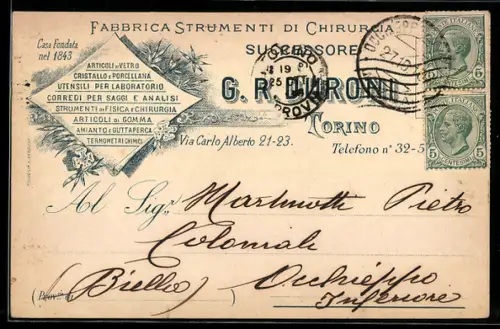 AK Torino, Fabbrica Strumenti di Chirurgia G. R. Duroni, cartolina commerciale manoscritta