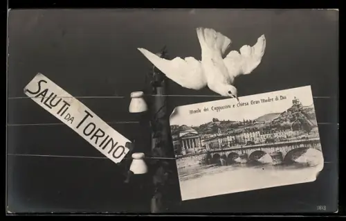 AK Torino, Monte dei Cappuccini e Chiesa Gran Madre di Dio con colomba