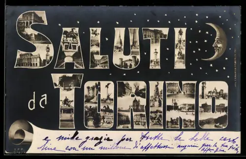 AK Torino, Collage di immagini iconiche e luna sorridente