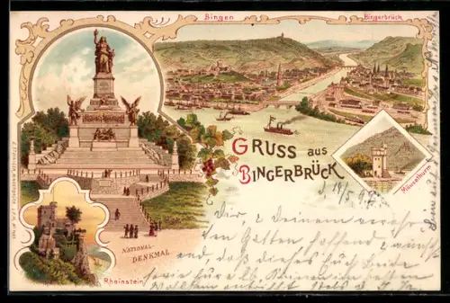 Lithographie Bingen, National-Denkmal, Mäusethurm, Rheinstein