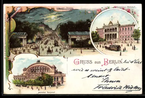Lithographie Berlin, Leipziger Strasse, Potsdamer Bahnhof, Anhalter Bahnhof