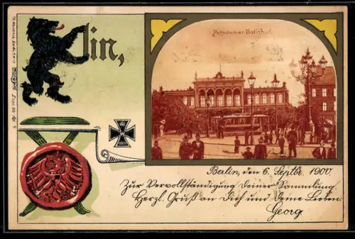 AK Berlin-Tiergarten, Potsdamer Bahnhof, Berliner Bär, Eisernes Kreuz