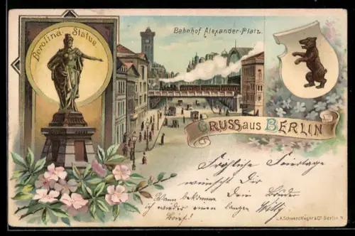 Lithographie Berlin, Berolina Statue am Alexanderplatz mit Bahnhof und Wappen