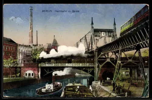AK Berlin-Kreuzberg, Hochbahn an der Spree m. Dampfer & Eisenbahn