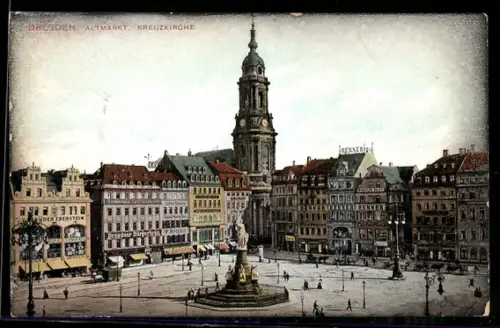 AK Dresden, Altmarkt mit Geschäften und Kreuzkirche