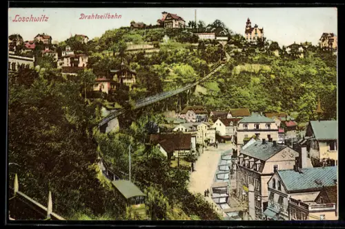 AK Dresden-Loschwitz, Strassenpartie mit Drahtseilbahn