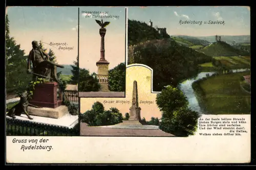 AK Rudelsburg, Bismarckdenkmal, Kriegerdenkmal der Corpsstudenten und Kaiser-Wilhelm-Denkmal